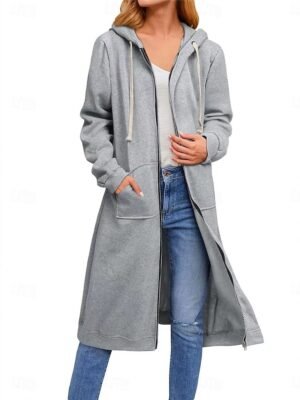 Casual Regular Fit Solid Colour Full Zip Long Sleeve Long Hoodie Jacket - Image 1