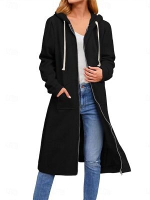 Casual Regular Fit Solid Colour Full Zip Long Sleeve Long Hoodie Jacket - Image 4
