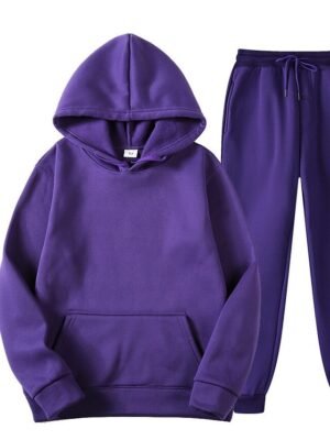 Casual Regular Fit Solid Colour Hooded Long Sleeve Tracksuit Set - Image 3