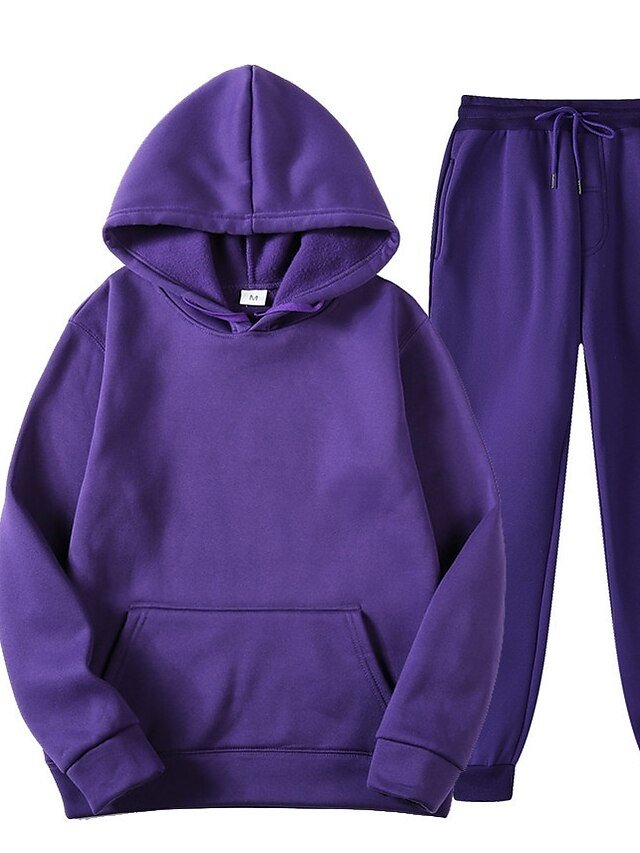 Casual Regular Fit Solid Colour Hooded Long Sleeve Tracksuit Set - Image 3
