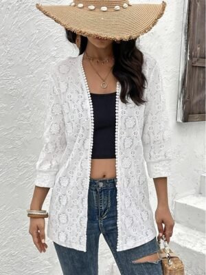 Casual Regular Fit Solid Colour Lace 3/4 Sleeve Jacket - Image 3