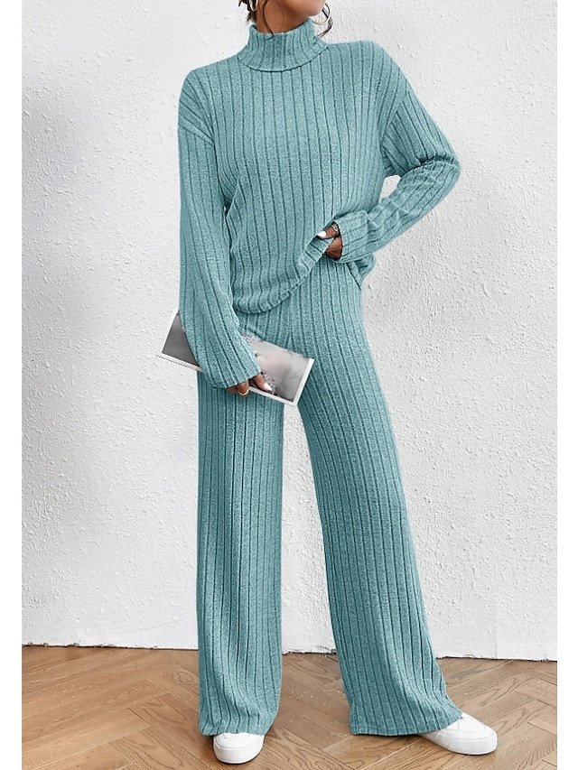 Casual Regular Fit Solid Colour Turtleneck Long Sleeve Shirt and Trousers Set - Image 1