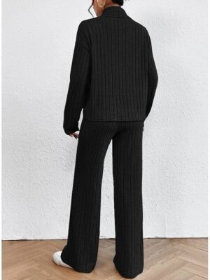 Casual Regular Fit Solid Colour Turtleneck Long Sleeve Shirt and Trousers Set - Image 10