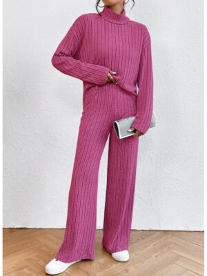 Casual Regular Fit Solid Colour Turtleneck Long Sleeve Shirt and Trousers Set - Image 13