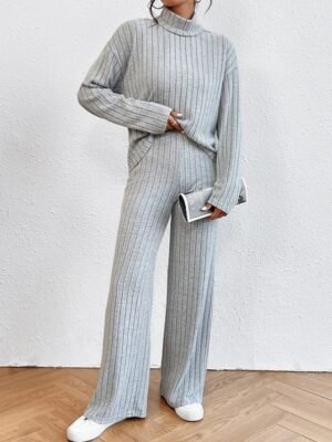 Casual Regular Fit Solid Colour Turtleneck Long Sleeve Shirt and Trousers Set - Image 16