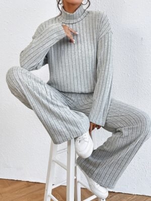 Casual Regular Fit Solid Colour Turtleneck Long Sleeve Shirt and Trousers Set - Image 18