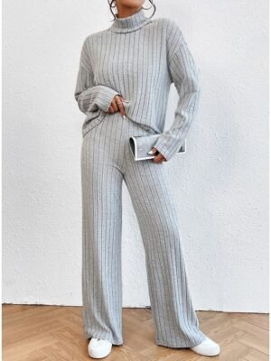 Casual Regular Fit Solid Colour Turtleneck Long Sleeve Shirt and Trousers Set - Image 19
