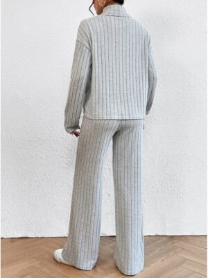 Casual Regular Fit Solid Colour Turtleneck Long Sleeve Shirt and Trousers Set - Image 20