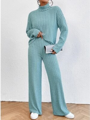 Casual Regular Fit Solid Colour Turtleneck Long Sleeve Shirt and Trousers Set - Image 3
