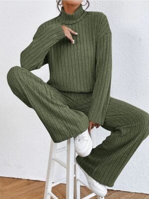 Casual Regular Fit Solid Colour Turtleneck Long Sleeve Shirt and Trousers Set - Image 5