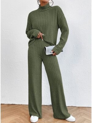 Casual Regular Fit Solid Colour Turtleneck Long Sleeve Shirt and Trousers Set - Image 6