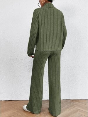 Casual Regular Fit Solid Colour Turtleneck Long Sleeve Shirt and Trousers Set - Image 7