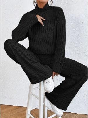Casual Regular Fit Solid Colour Turtleneck Long Sleeve Shirt and Trousers Set - Image 8