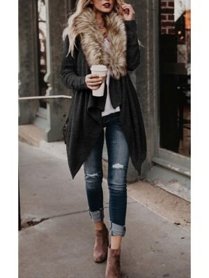 Casual Regular Fit Solid Fur Collar Long Sleeve Jacket - Image 1