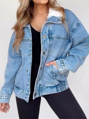 Casual Regular Fit Solid Fur Collar Long Sleeve Denim Jacket - Image 1