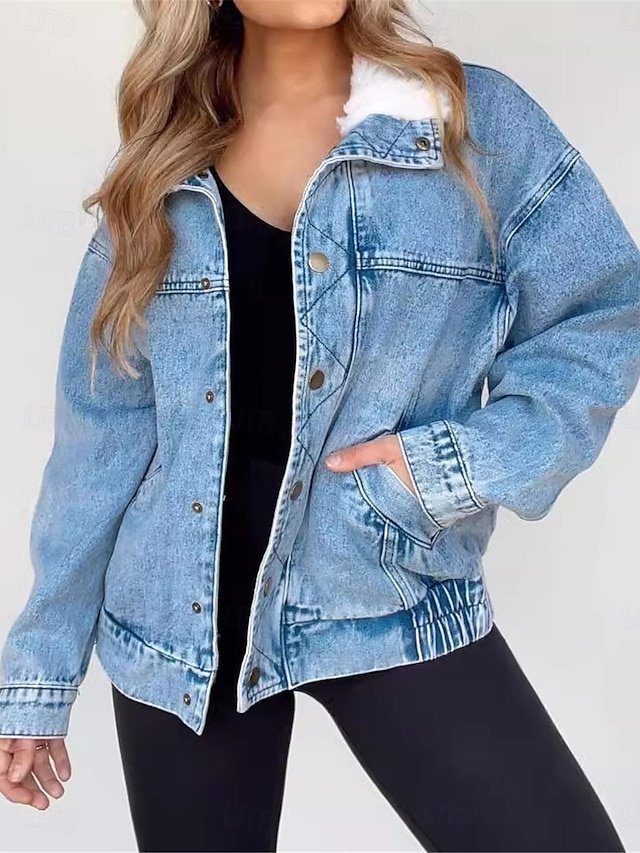 Casual Regular Fit Solid Fur Collar Long Sleeve Denim Jacket - Image 1