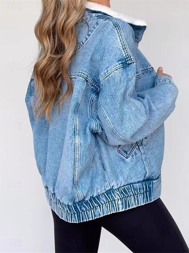 Casual Regular Fit Solid Fur Collar Long Sleeve Denim Jacket - Image 2