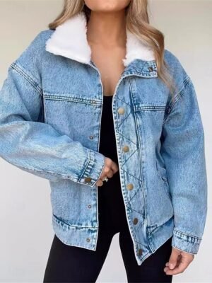 Casual Regular Fit Solid Fur Collar Long Sleeve Denim Jacket - Image 3