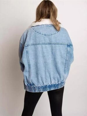 Casual Regular Fit Solid Fur Collar Long Sleeve Denim Jacket - Image 4