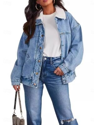 Casual Regular Fit Solid Fur Collar Long Sleeve Denim Jacket - Image 5