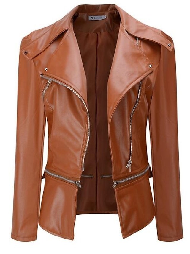 Casual Regular Fit Solid Long Sleeve Faux Leather Jacket - Image 1