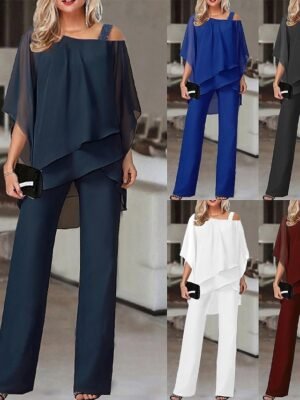 Casual Regular Fit Solid One Shoulder Short Sleeve Trouser Set - Image 6