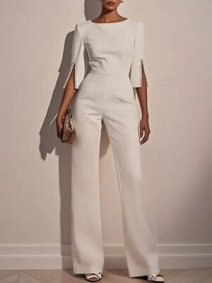 Casual Regular Fit Solid Round Neck 3/4 Sleeve Jumpsuit - Image 1