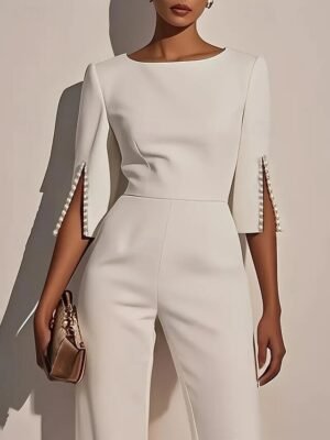 Casual Regular Fit Solid Round Neck 3/4 Sleeve Jumpsuit - Image 2