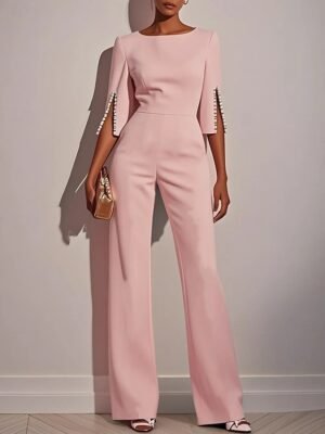 Casual Regular Fit Solid Round Neck 3/4 Sleeve Jumpsuit - Image 4