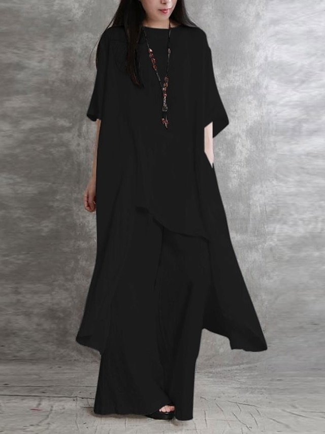 Casual Regular Fit Solid Round Neck Long Sleeve Long Shirt Pant Set - Image 1