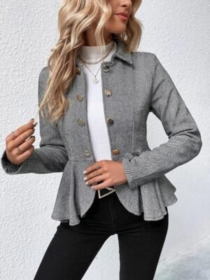 Casual Regular Fit Solid Ruffle Long Sleeve Fall Jacket - Image 10