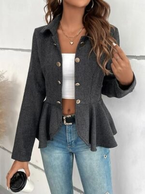 Casual Regular Fit Solid Ruffle Long Sleeve Fall Jacket - Image 11
