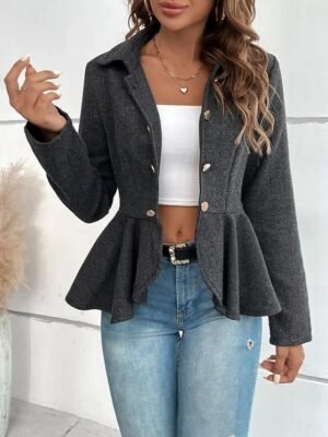 Casual Regular Fit Solid Ruffle Long Sleeve Fall Jacket - Image 12