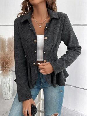 Casual Regular Fit Solid Ruffle Long Sleeve Fall Jacket - Image 13