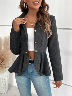 Casual Regular Fit Solid Ruffle Long Sleeve Fall Jacket - Image 14