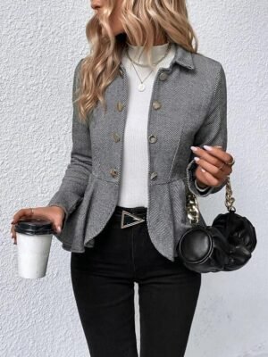 Casual Regular Fit Solid Ruffle Long Sleeve Fall Jacket - Image 8