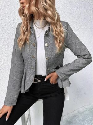 Casual Regular Fit Solid Ruffle Long Sleeve Fall Jacket - Image 9