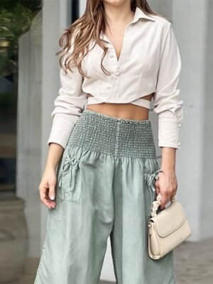 Casual Regular Fit Solid Shirt Collar Long Sleeve Summer Blouse Shirt Pants Set - Image 5
