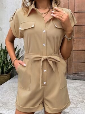 Casual Regular Fit Solid Shirt Collar Short Sleeve Romper - Image 1