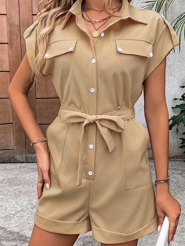 Casual Regular Fit Solid Shirt Collar Short Sleeve Romper - Image 2