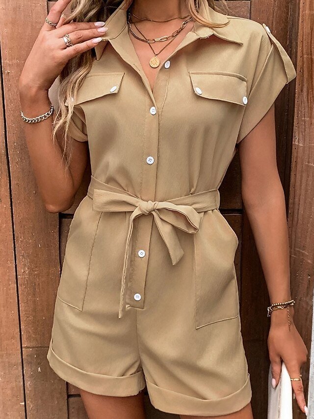 Casual Regular Fit Solid Shirt Collar Short Sleeve Romper - Image 3