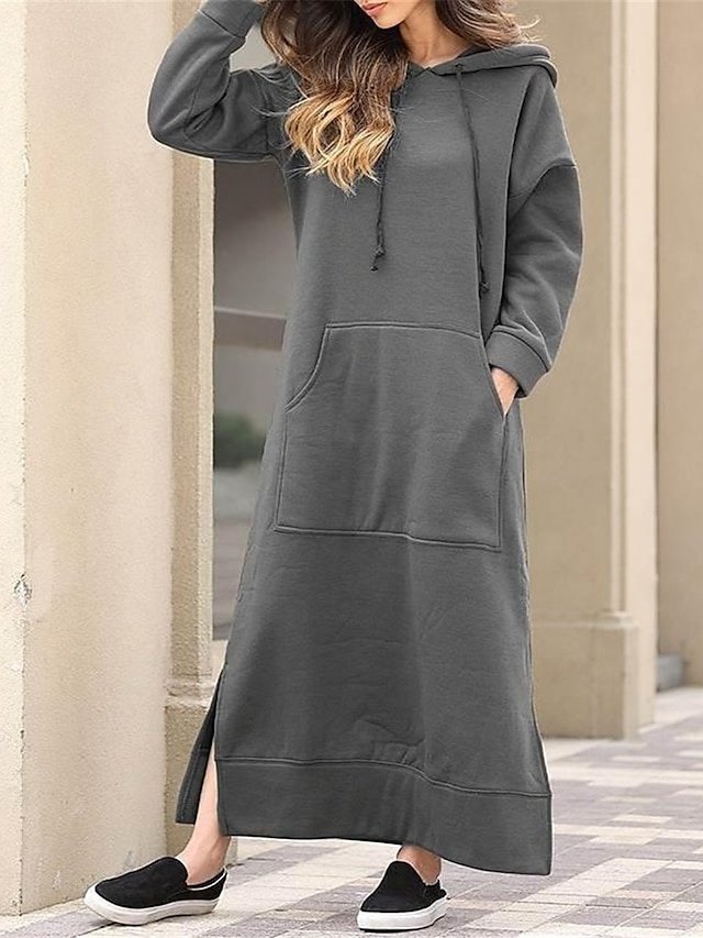 Casual Regular Fit Solid V Neck Long Sleeve Maxi Hoodie Dress - Image 1