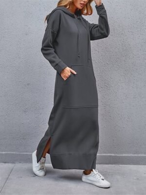 Casual Regular Fit Solid V Neck Long Sleeve Maxi Hoodie Dress - Image 11