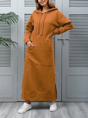 Casual Regular Fit Solid V Neck Long Sleeve Maxi Hoodie Dress - Image 12