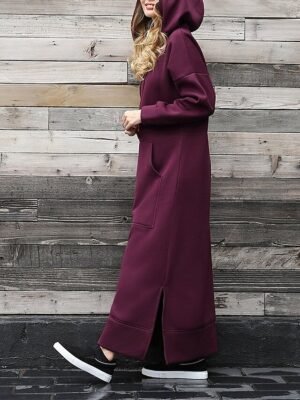 Casual Regular Fit Solid V Neck Long Sleeve Maxi Hoodie Dress - Image 14