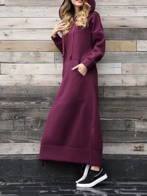 Casual Regular Fit Solid V Neck Long Sleeve Maxi Hoodie Dress - Image 15