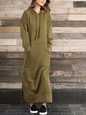 Casual Regular Fit Solid V Neck Long Sleeve Maxi Hoodie Dress - Image 6