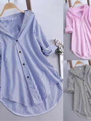 Casual Regular Fit Stripe Stand Collar Long Sleeve Shacket - Image 1