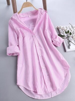 Casual Regular Fit Stripe Stand Collar Long Sleeve Shacket - Image 2