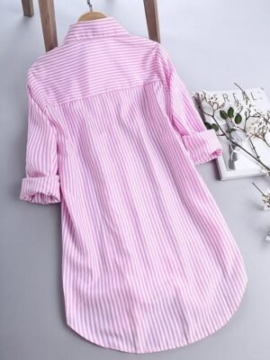 Casual Regular Fit Stripe Stand Collar Long Sleeve Shacket - Image 3